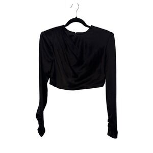 Cinq a Sept Black Draped Satin Long Sleeve Crop Top NWT MSRP $295